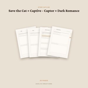 May include: A digital story outline template for dark romance novels titled Save the Cat x Captive - Captor x Dark Romance. The document features four overlapping white pages with structured sections for writing, totalling 25 pages by Daelin Creations.