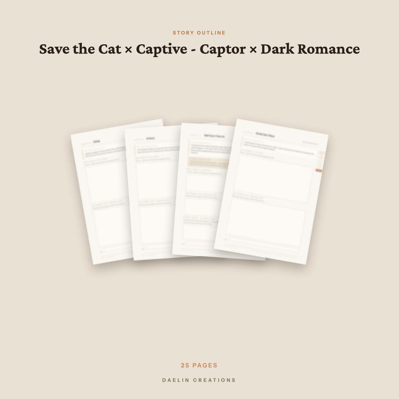 May include: A digital story outline template for dark romance novels titled Save the Cat x Captive - Captor x Dark Romance. The document features four overlapping white pages with structured sections for writing, totalling 25 pages by Daelin Creations.