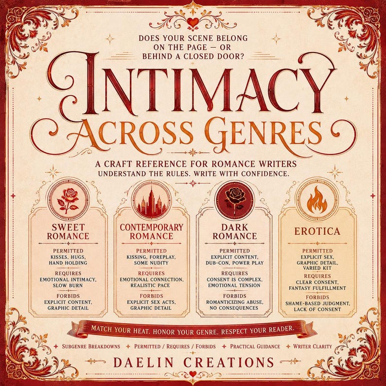 Guide d'écriture romantique | L'intimité à travers les genres | Niveaux de sensualité | Règles des scènes | Planificateur de roman image 2