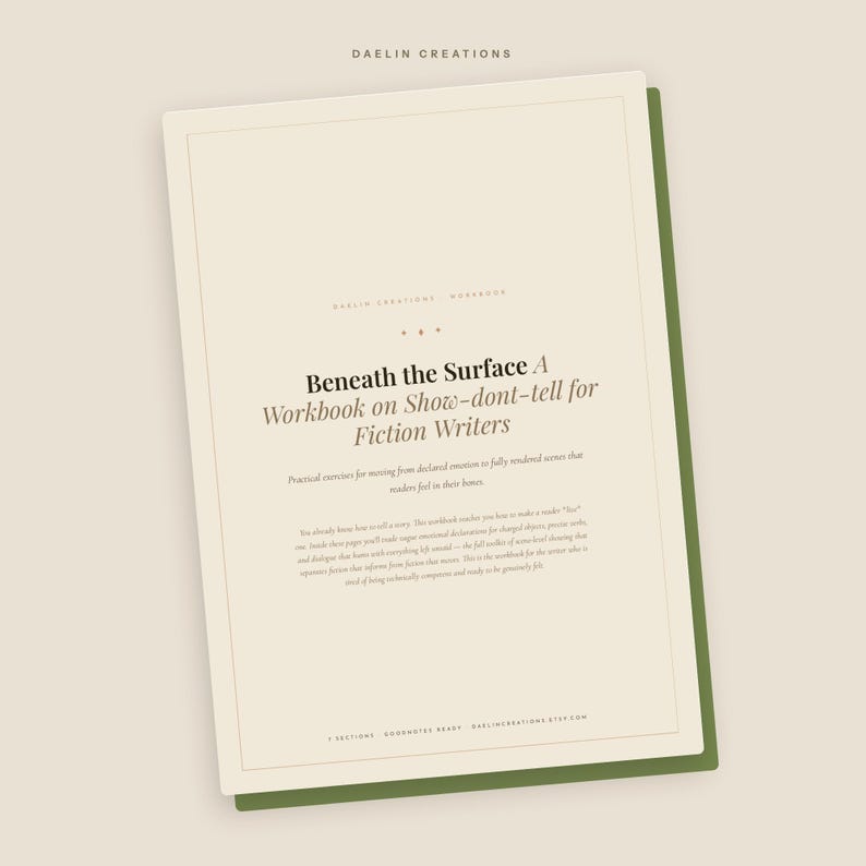 May include: A cream-colored workbook titled Beneath the Surface A Workbook on Show-dont-tell for Fiction Writers by Daelin Creations. The cover features black text on a light background with a dark green border, presenting a clean, structured layout.