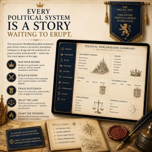May include: A digital political worldbuilding dashboard displayed on a tablet screen, featuring sections for government, rulers, factions, laws, and conflicts. The interface includes icons, text fields, and illustrations of a castle, crown, and scales.