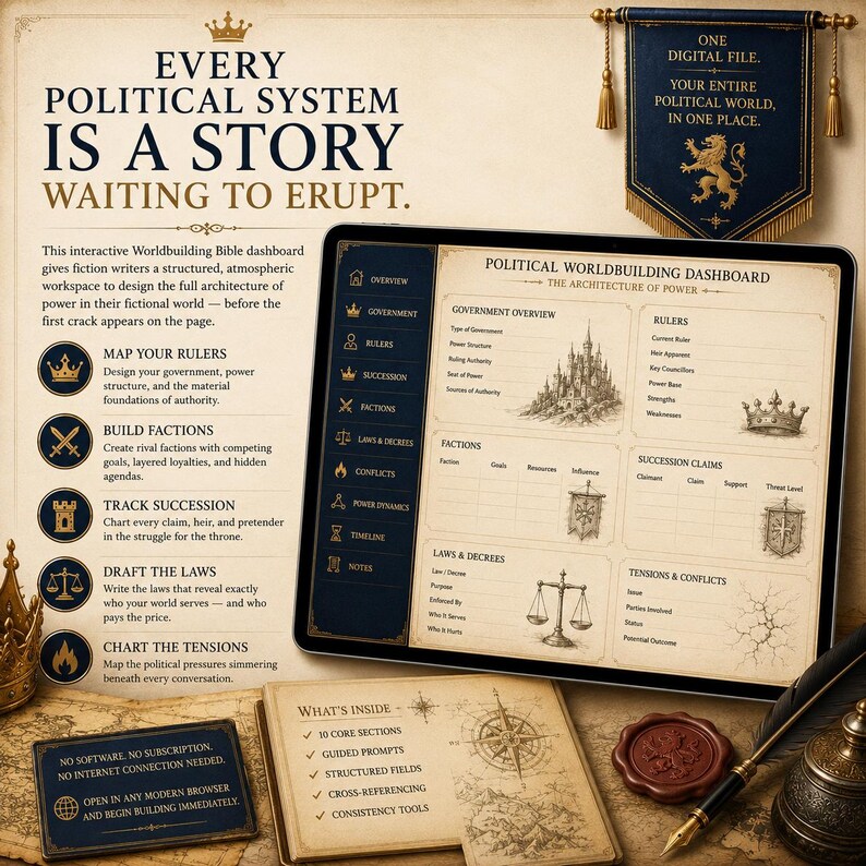 May include: A digital political worldbuilding dashboard displayed on a tablet screen, featuring sections for government, rulers, factions, laws, and conflicts. The interface includes icons, text fields, and illustrations of a castle, crown, and scales.