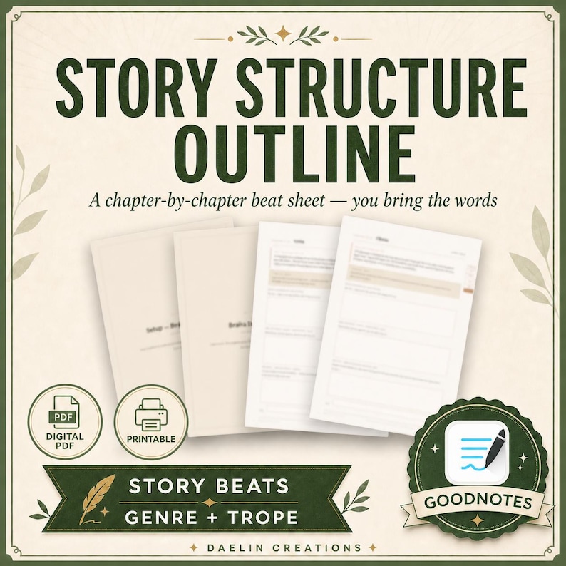 May include: A digital story structure outline template featuring the text STORY STRUCTURE OUTLINE, A chapter-by-chapter beat sheet &mdash; you bring the words, STORY BEATS, GENRE + TROPE, and DAELIN CREATIONS. Includes PDF and printable icons and a Goodnotes badge.