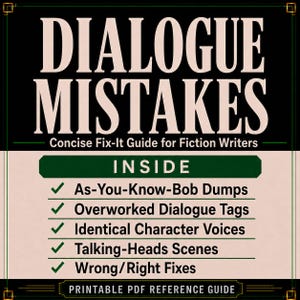 Peut inclure: Un guide de r&eacute;f&eacute;rence PDF imprimable intitul&eacute; Dialogue Mistakes: Concise Fix-It Guide for Fiction Writers. Le texte liste les contenus incluant As-You-Know-Bob Dumps, Overworked Dialogue Tags, Identical Character Voices, Talking-Heads Scenes et Wrong/Right Fixes.