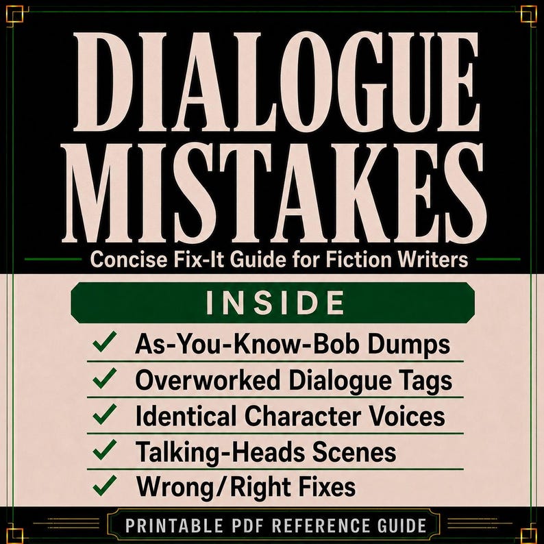 Peut inclure: Un guide de r&eacute;f&eacute;rence PDF imprimable intitul&eacute; Dialogue Mistakes: Concise Fix-It Guide for Fiction Writers. Le texte liste les contenus incluant As-You-Know-Bob Dumps, Overworked Dialogue Tags, Identical Character Voices, Talking-Heads Scenes et Wrong/Right Fixes.