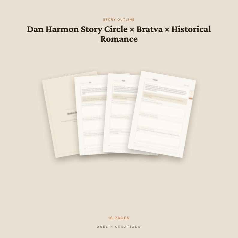 Pode incluir: Um documento de 16 p&aacute;ginas com o esbo&ccedil;o da hist&oacute;ria intitulado Dan Harmon Story Circle x Bratva x Historical Romance da Daelin Creations. O documento apresenta uma s&eacute;rie de p&aacute;ginas brancas com campos de texto estruturados e cabe&ccedil;alhos em um layout limpo.