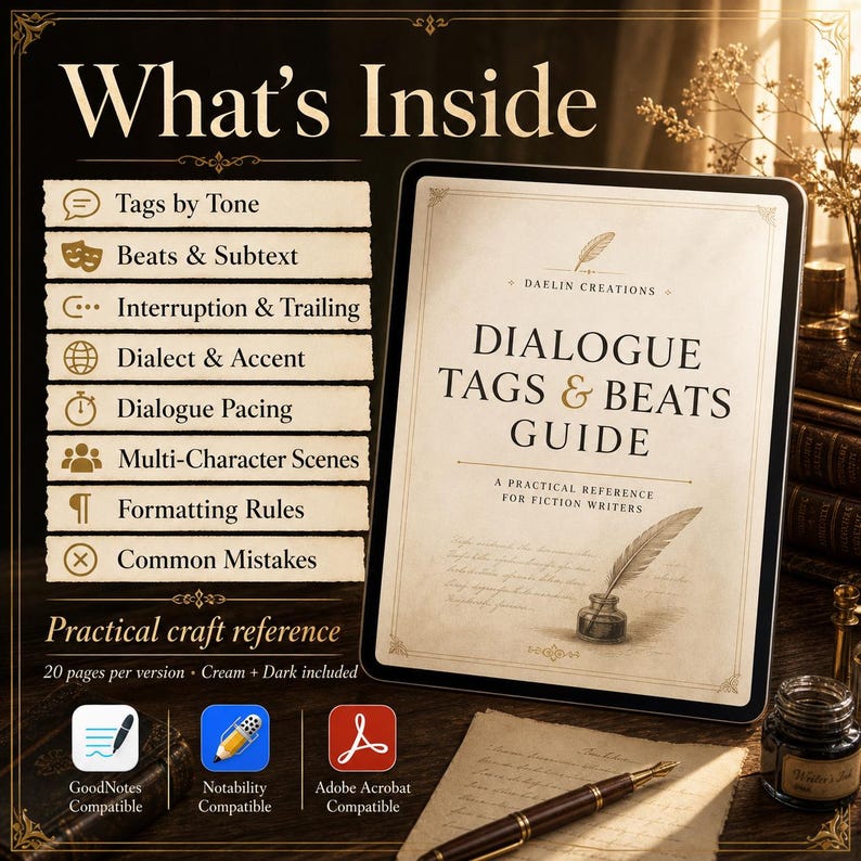May include: A digital guide titled Dialogue Tags & Beats Guide by Daelin Creations, displayed on a tablet screen. The list of contents includes Tags by Tone, Beats & Subtext, Interruption & Trailing, Dialect & Accent, Dialogue Pacing, and Formatting Rules.