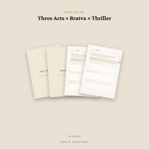 K&ouml;nnte beinhalten: Ein digitales Story-Outline-Dokument mit dem Titel Three Acts x Bratva x Thriller, bestehend aus 18 Seiten. Das Dokument hat ein beiges Farbschema mit strukturierten Abschnitten zur narrativen Planung, dargestellt als gestapelte Bl&auml;tter.