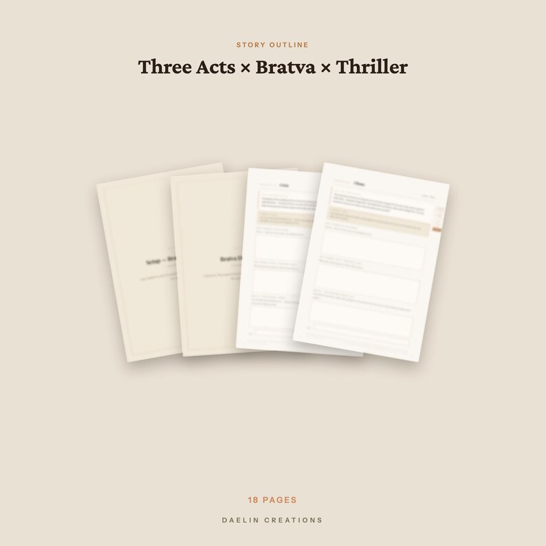 K&ouml;nnte beinhalten: Ein digitales Story-Outline-Dokument mit dem Titel Three Acts x Bratva x Thriller, bestehend aus 18 Seiten. Das Dokument hat ein beiges Farbschema mit strukturierten Abschnitten zur narrativen Planung, dargestellt als gestapelte Bl&auml;tter.