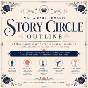 Puede incluir: Un documento de esquema de c&iacute;rculo narrativo de romance oscuro de la mafia con un andamio estructural de Dan Harmon. La p&aacute;gina color crema incluye texto azul oscuro, ilustraciones de rosas en las esquinas e iconos de pluma, rosa, pieza de ajedrez, pistola y llave.