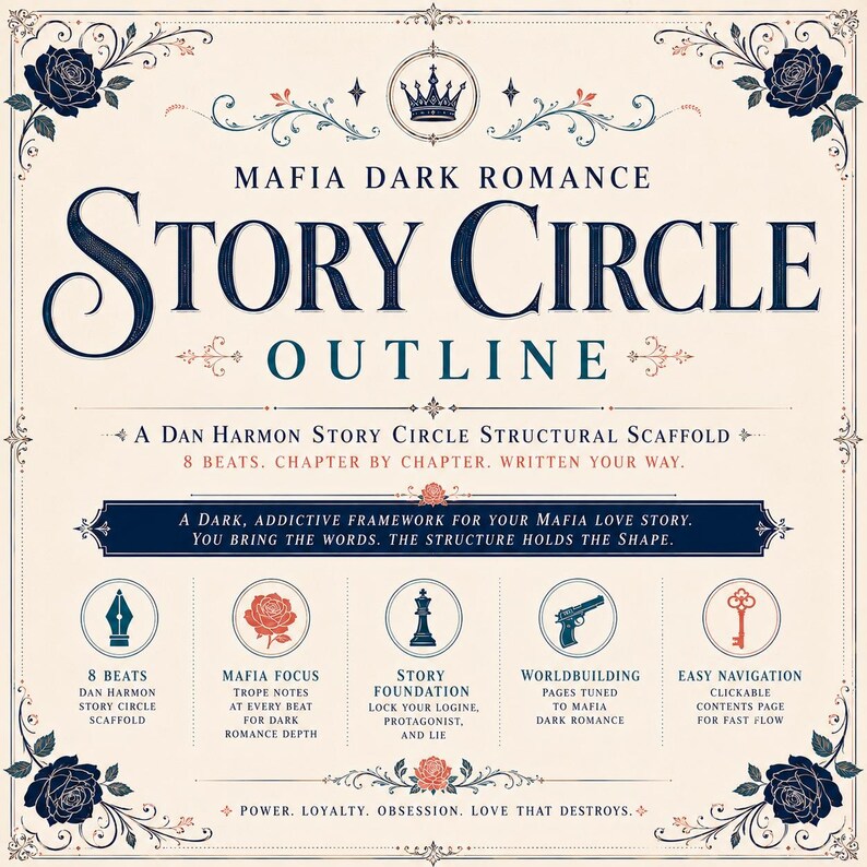 Puede incluir: Un documento de esquema de c&iacute;rculo narrativo de romance oscuro de la mafia con un andamio estructural de Dan Harmon. La p&aacute;gina color crema incluye texto azul oscuro, ilustraciones de rosas en las esquinas e iconos de pluma, rosa, pieza de ajedrez, pistola y llave.