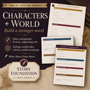 May include: A workbook titled "Characters + World" with the subtitle "Build a stronger novel." The cover features text and illustrations, including a feather and globe. Inside are worksheets for character profiles and worldbuilding, with sections for setting and conflict.