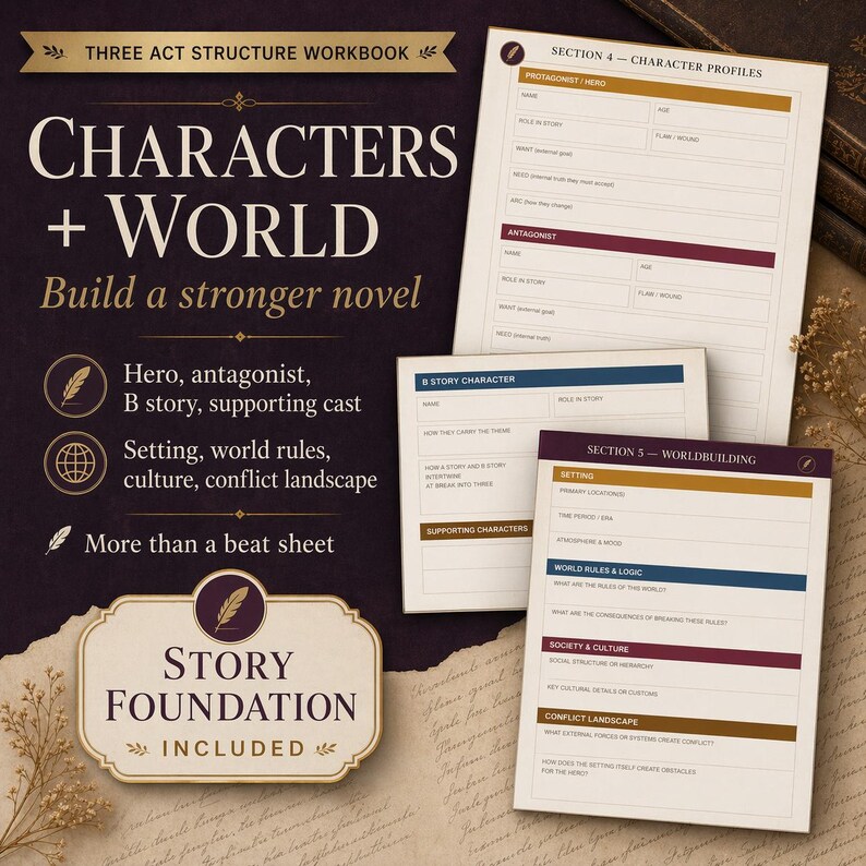 May include: A workbook titled "Characters + World" with the subtitle "Build a stronger novel." The cover features text and illustrations, including a feather and globe. Inside are worksheets for character profiles and worldbuilding, with sections for setting and conflict.