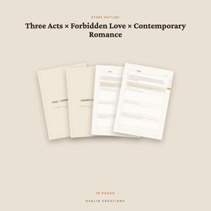 May include: A digital story outline template for a contemporary romance novel featuring forbidden love in three acts. The document set includes 18 pages with structured sections for plot development, displayed against a neutral beige background.