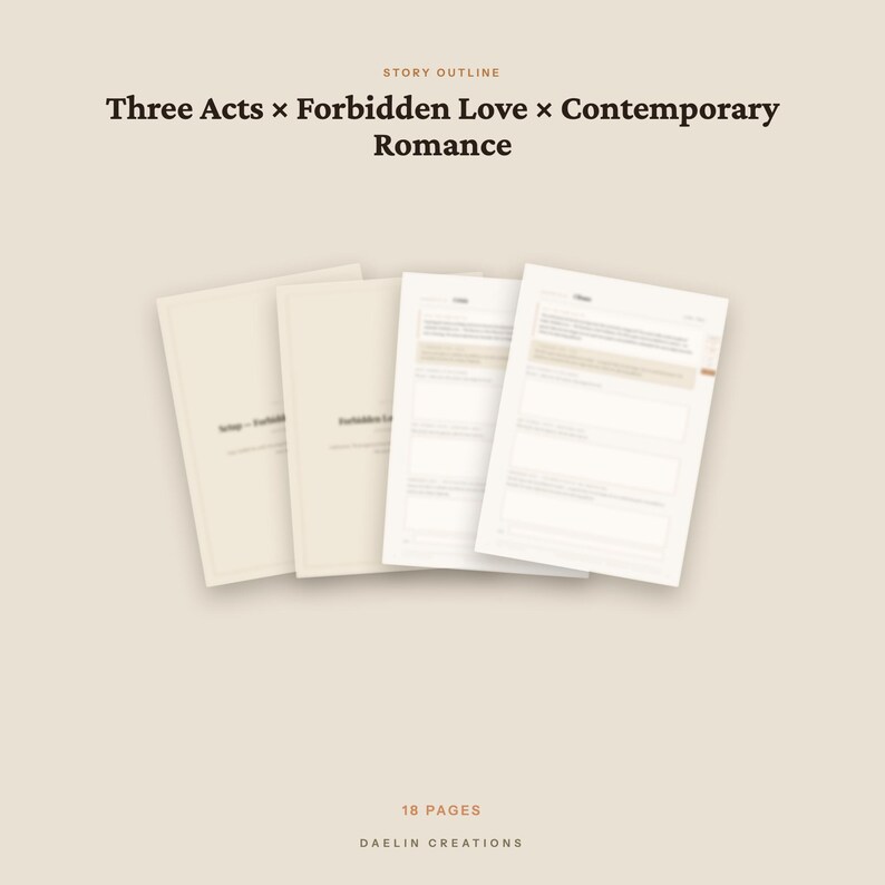 May include: A digital story outline template for a contemporary romance novel featuring forbidden love in three acts. The document set includes 18 pages with structured sections for plot development, displayed against a neutral beige background.