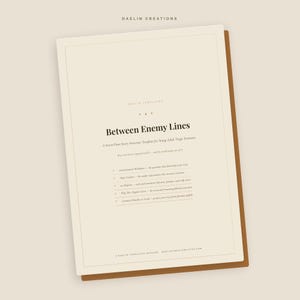 May include: A cream-colored document titled Between Enemy Lines, a Seven-Point Story Structure Template for Young Adult Tragic Romance. It includes a list of features like a customization worksheet, trope anchors, and common mistakes to avoid.