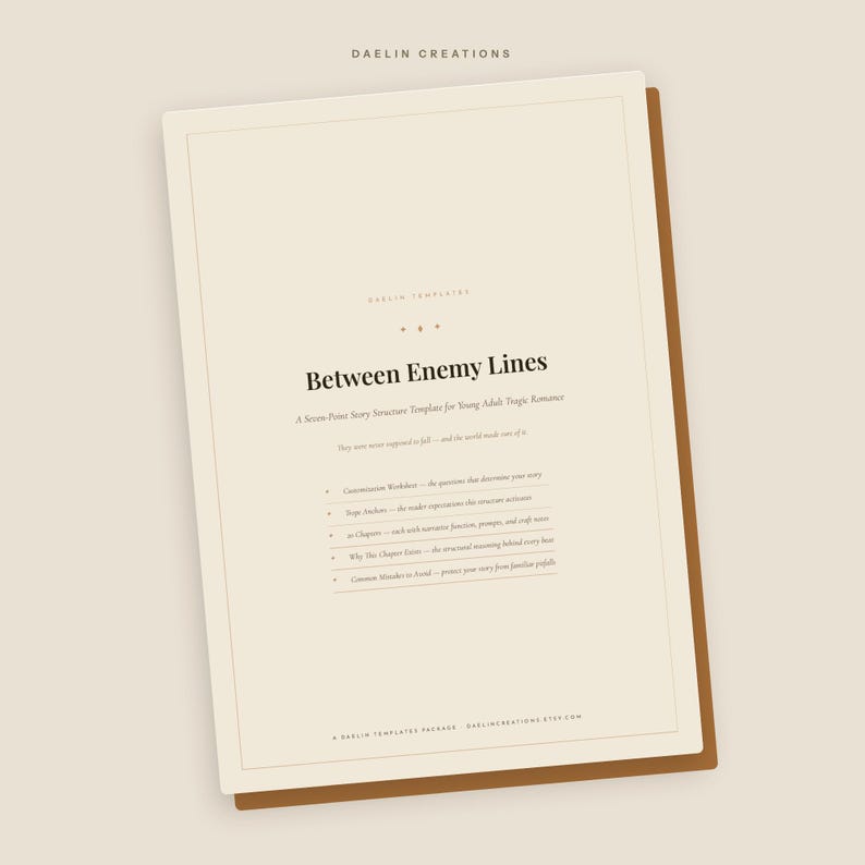 May include: A cream-colored document titled Between Enemy Lines, a Seven-Point Story Structure Template for Young Adult Tragic Romance. It includes a list of features like a customization worksheet, trope anchors, and common mistakes to avoid.
