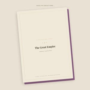 Puede incluir: Una portada de documento digital con fondo crema y borde morado oscuro. El texto dice Daelin Creations, The Great Empire, Romantasy One-of-One World, 10 pages, clickable tabs y daelincreations.etsy.com en una fuente serif clara.