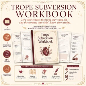 Pode incluir: Um caderno de exerc&iacute;cios Trope Subversion para escritores de romance e fic&ccedil;&atilde;o, com uma capa central apresentando uma ilustra&ccedil;&atilde;o de cora&ccedil;&atilde;o e espada, cercada por p&aacute;ginas imprim&iacute;veis com exerc&iacute;cios, listas de verifica&ccedil;&atilde;o e se&ccedil;&otilde;es.