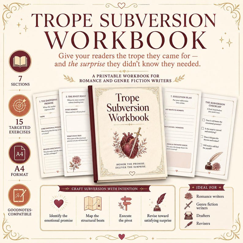 Pode incluir: Um caderno de exerc&iacute;cios Trope Subversion para escritores de romance e fic&ccedil;&atilde;o, com uma capa central apresentando uma ilustra&ccedil;&atilde;o de cora&ccedil;&atilde;o e espada, cercada por p&aacute;ginas imprim&iacute;veis com exerc&iacute;cios, listas de verifica&ccedil;&atilde;o e se&ccedil;&otilde;es.