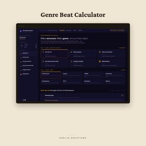 May include: A digital interface titled Genre Beat Calculator displayed on a dark screen. The layout features a selection menu for narrative frameworks like Save the Cat and Hero's Journey, alongside genre options including Dark Romance and Fantasy.