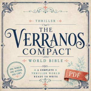 May include: A square graphic featuring the text THE VERRANOS COMPACT WORLD BIBLE in dark blue, with THRILLER above and A COMPLETE THRILLER WORLD READY TO WRITE below. A circular seal reads ONE WORLD. ONE AUTHOR. ONE COPY. A red ribbon banner says PDF.