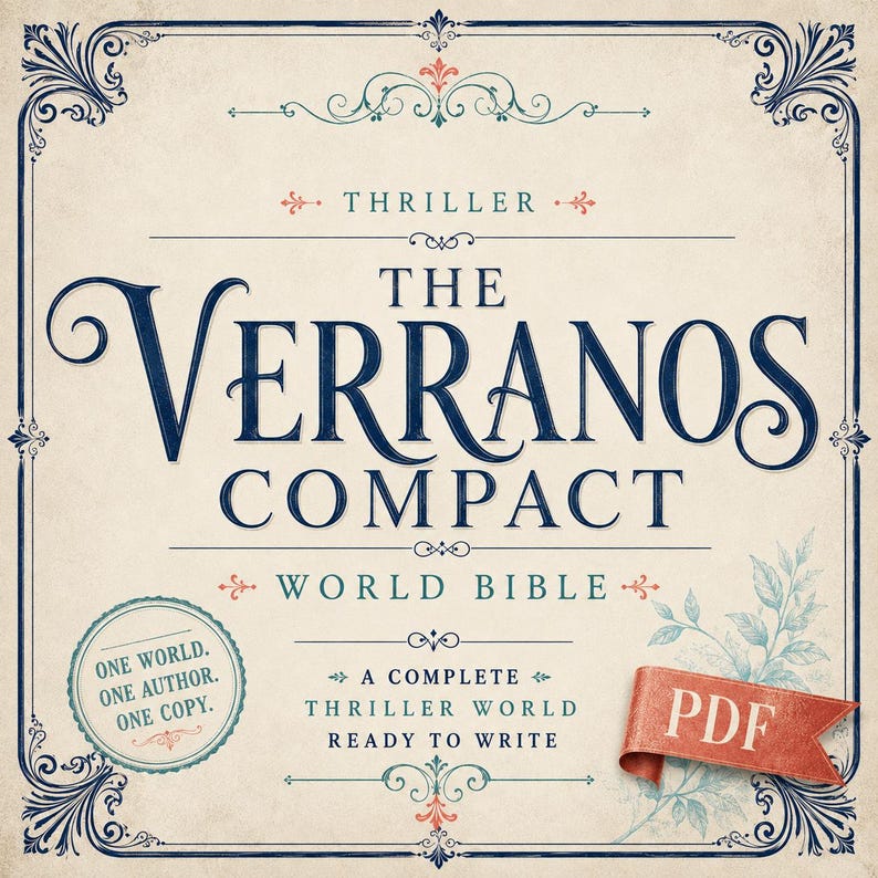May include: A square graphic featuring the text THE VERRANOS COMPACT WORLD BIBLE in dark blue, with THRILLER above and A COMPLETE THRILLER WORLD READY TO WRITE below. A circular seal reads ONE WORLD. ONE AUTHOR. ONE COPY. A red ribbon banner says PDF.