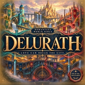May include: A book cover titled Romantasy World Bible Delurath Love Can Break The City. The artwork features a fantasy city with waterfalls, stone bridges, and a castle under a sunset sky. A red wax seal in the corner reads One Of One Sold Once.