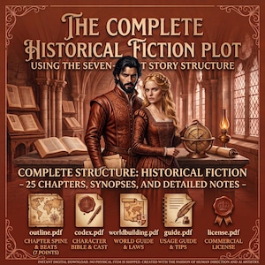 May include: A digital guide titled The Complete Historical Fiction Plot Using the Seven-Point Story Structure, featuring a man and woman in period attire, a globe, and five PDF icons labeled outline, codex, worldbuilding, guide, and license.