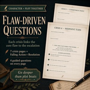 May include: A dark green and cream-colored writing prompt set with the text "FLAW-DRIVEN QUESTIONS". The set includes several pages with prompts, a pen, and a stack of books. The prompts are designed to help writers develop their stories.