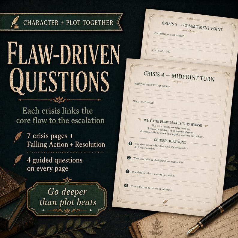 May include: A dark green and cream-colored writing prompt set with the text "FLAW-DRIVEN QUESTIONS". The set includes several pages with prompts, a pen, and a stack of books. The prompts are designed to help writers develop their stories.
