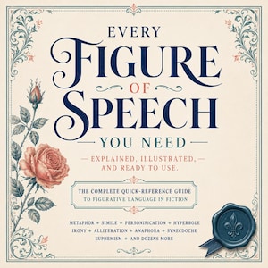 以下が含まれることがあります： Every Figure of Speech You Needというタイトルのブックカバー。クリーム色の背景に濃い青のセリフ体、左側にはピンクのバラの緻密なイラストが描かれています。右下にはフルール・ド・リスの紋章が入った青いワックスシールがあしらわれています。
