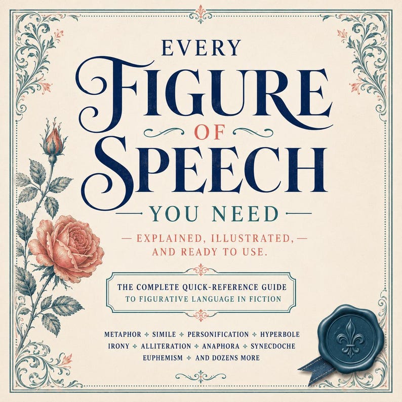 以下が含まれることがあります： Every Figure of Speech You Needというタイトルのブックカバー。クリーム色の背景に濃い青のセリフ体、左側にはピンクのバラの緻密なイラストが描かれています。右下にはフルール・ド・リスの紋章が入った青いワックスシールがあしらわれています。