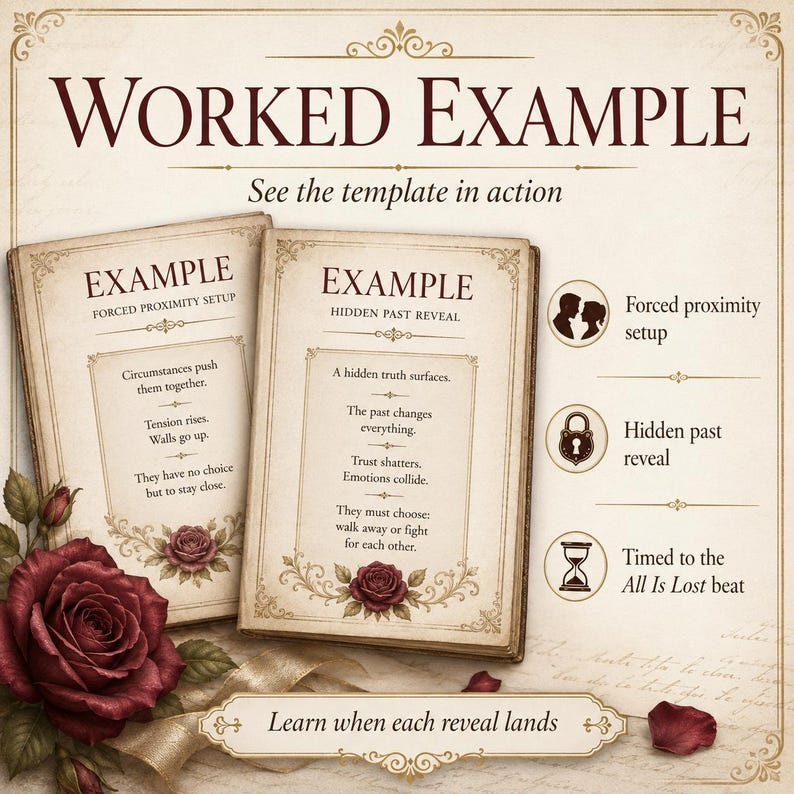 Op de afbeelding: Een afbeelding met de tekst WORKED EXAMPLE en See the template in action. Twee open boekpagina's tonen plotpunten getiteld FORCED PROXIMITY SETUP en HIDDEN PAST REVEAL. Iconen bevatten een koppel, een slot en een zandloper met bijbehorende tekst.