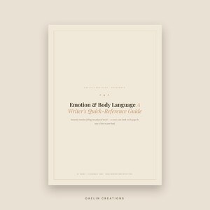 Pu&ograve; includere: Una guida di riferimento digitale beige intitolata Emotion & Body Language A Writer's Quick-Reference Guide. La copertina presenta una tipografia minimalista nera e beige, testo centrato e un sottile bordo rettangolare su uno sfondo beige chiaro.