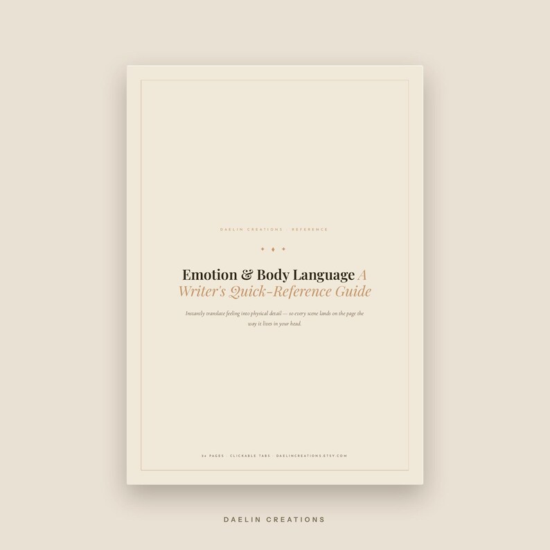 Pu&ograve; includere: Una guida di riferimento digitale beige intitolata Emotion & Body Language A Writer's Quick-Reference Guide. La copertina presenta una tipografia minimalista nera e beige, testo centrato e un sottile bordo rettangolare su uno sfondo beige chiaro.