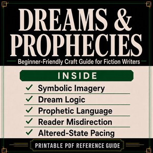 K&ouml;nnte beinhalten: Ein rechteckiger Referenzleitfaden mit dem Titel DREAMS & PROPHECIES: Beginner-Friendly Craft Guide for Fiction Writers. Der Text listet Inhalte auf, darunter Symbolic Imagery, Dream Logic, Prophetic Language, Reader Misdirection und Altered-State Pacing.