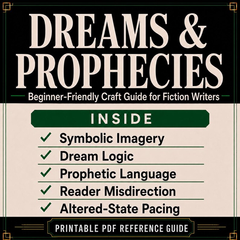 K&ouml;nnte beinhalten: Ein rechteckiger Referenzleitfaden mit dem Titel DREAMS & PROPHECIES: Beginner-Friendly Craft Guide for Fiction Writers. Der Text listet Inhalte auf, darunter Symbolic Imagery, Dream Logic, Prophetic Language, Reader Misdirection und Altered-State Pacing.