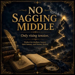 May include: A dark, stylized image with the text "NO SAGGING MIDDLE" in gold lettering. Below, it reads "Only rising tension." An open book, quill, and compass are in the foreground. A path winds up a mountain, lit by lights.
