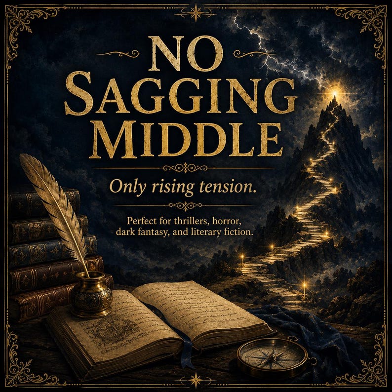 May include: A dark, stylized image with the text "NO SAGGING MIDDLE" in gold lettering. Below, it reads "Only rising tension." An open book, quill, and compass are in the foreground. A path winds up a mountain, lit by lights.