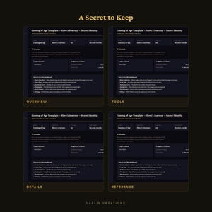 May include: A digital dashboard template titled A Secret to Keep, featuring four distinct views labelled Overview, Tools, Details, and Reference. The interface displays Coming of Age Template, Hero's Journey, 20 chapters, and 80,000 words in dark mode.