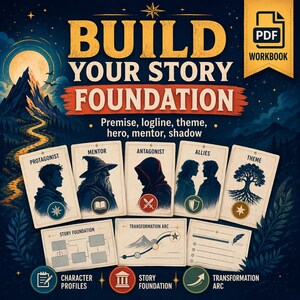May include: A workbook titled "Build Your Story Foundation" with a mountain landscape background. The image features cards labeled "Protagonist," "Mentor," "Antagonist," "Allies," and "Theme." Additional cards detail "Story Foundation" and "Transformation Arc."