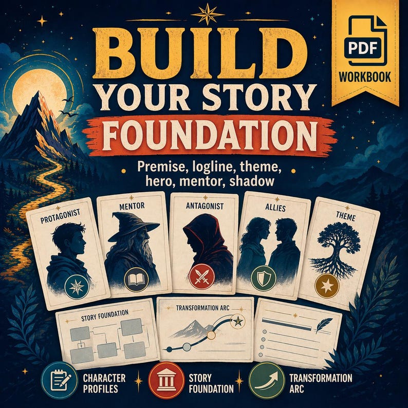 May include: A workbook titled "Build Your Story Foundation" with a mountain landscape background. The image features cards labeled "Protagonist," "Mentor," "Antagonist," "Allies," and "Theme." Additional cards detail "Story Foundation" and "Transformation Arc."