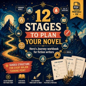 May include: A digital workbook titled "12 Stages to Plan Your Novel" for fiction writers. The design features a dark blue background with illustrations of a mountain, a castle, and a dragon. The workbook includes a story roadmap and a journey checklist.