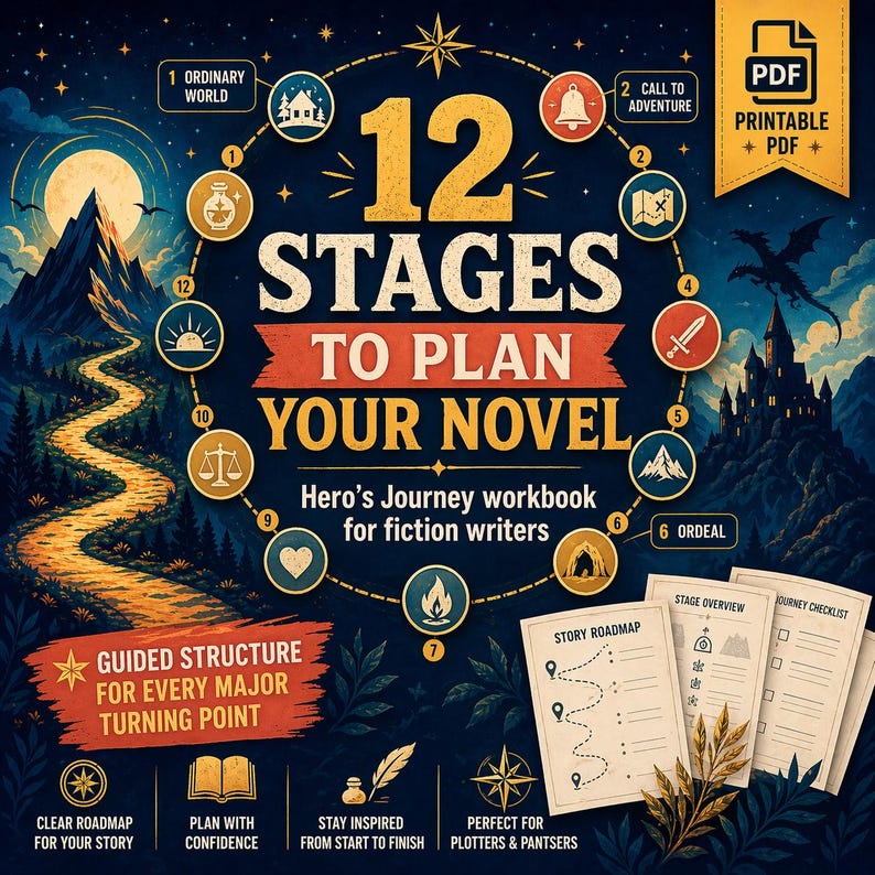 May include: A digital workbook titled "12 Stages to Plan Your Novel" for fiction writers. The design features a dark blue background with illustrations of a mountain, a castle, and a dragon. The workbook includes a story roadmap and a journey checklist.