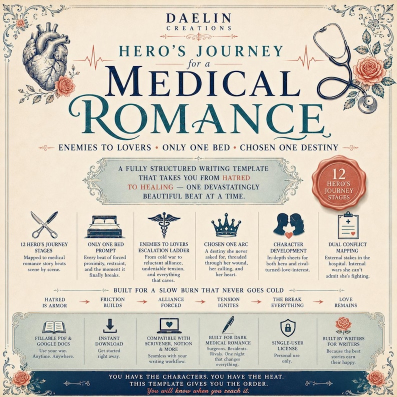 K&ouml;nnte beinhalten: Eine Schreibvorlage mit dem Titel Hero's Journey for a Medical Romance von Daelin Creations. Das Design zeigt ein Herz, ein Stethoskop und Rosen sowie Text, der 12 Stufen der Heldenreise, Enemies-to-Lovers-Tropes und digitale Formate beschreibt.