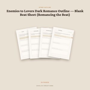 Op de afbeelding: Een digitaal sjabloon voor een verhaalopzet getiteld Enemies to Lovers Dark Romance Outline &mdash; Blank Beat Sheet (Romancing the Beat) met vier witte pagina's met gestructureerde tekstvelden en koppen, in totaal 19 pagina's door Daelin Creations.