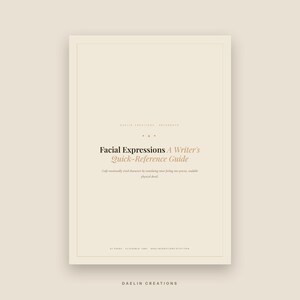 Pu&ograve; includere: Una guida di riferimento digitale beige intitolata Facial Expressions A Writer's Quick-Reference Guide. Il documento presenta un layout minimalista con testo scuro, allineamento centrato e un sottile bordo rettangolare su uno sfondo color crema chiaro.