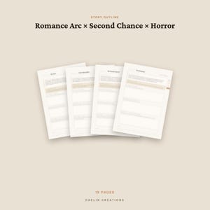 May include: A set of four white paper story outline templates with beige accents, featuring the text 'STORY OUTLINE', 'Romance Arc x Second Chance x Horror', '19 PAGES', and 'DAELIN CREATIONS' printed in dark brown text on a light beige background.