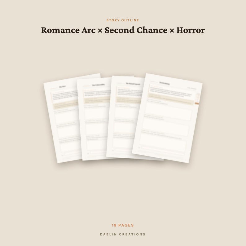 May include: A set of four white paper story outline templates with beige accents, featuring the text 'STORY OUTLINE', 'Romance Arc x Second Chance x Horror', '19 PAGES', and 'DAELIN CREATIONS' printed in dark brown text on a light beige background.